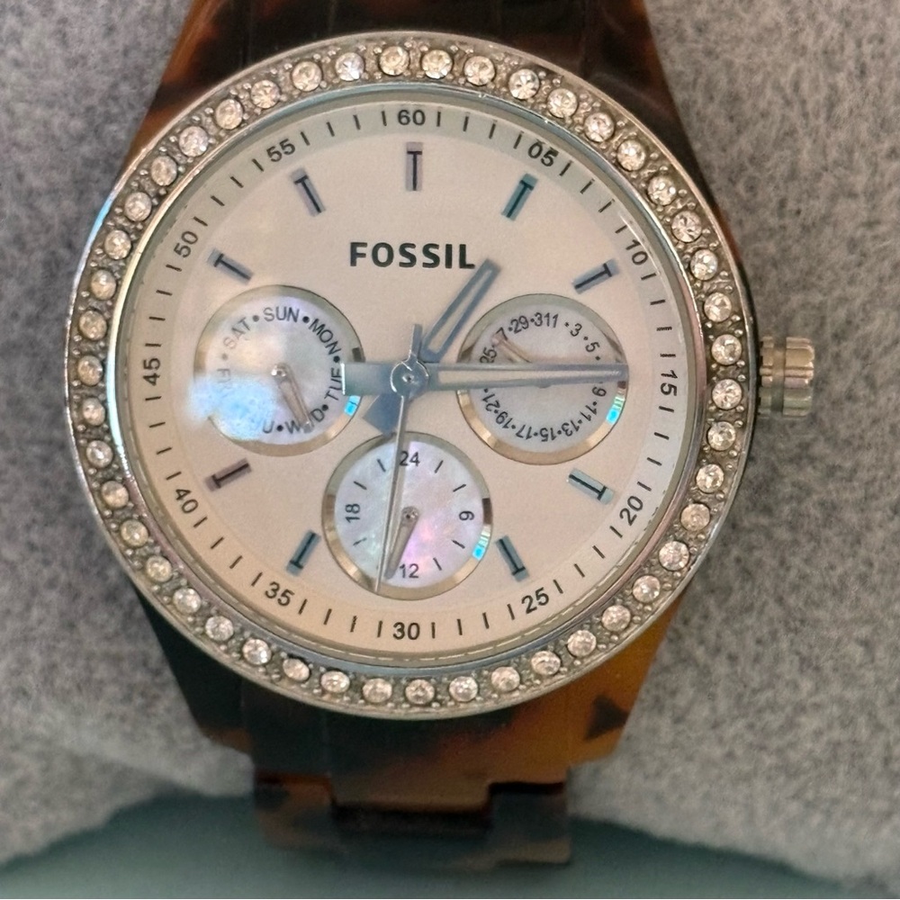 Fossil Stella Chronograph Crystal Bezel Tortoise Stainless Steel Bracelet Watch